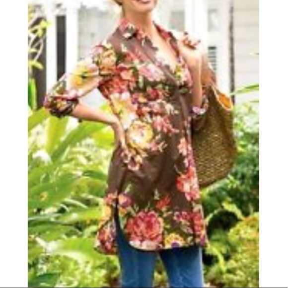 Soft Surroundings "Flora Tunic" Brown Floral Sz PL - Picture 2 of 10
